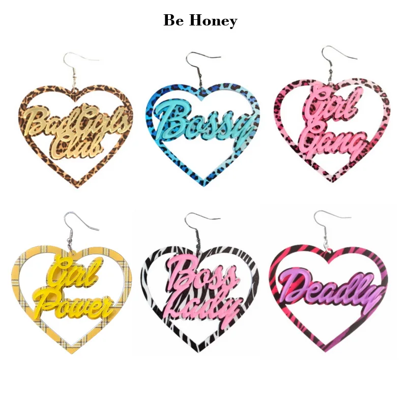 Pendientes colgantes acrílicos con forma de corazón, con estampado de leopardo, cebra, cuadros, Boss, Lady Girl Gang Girl, Power Bossy Bad Girl Club, mortal