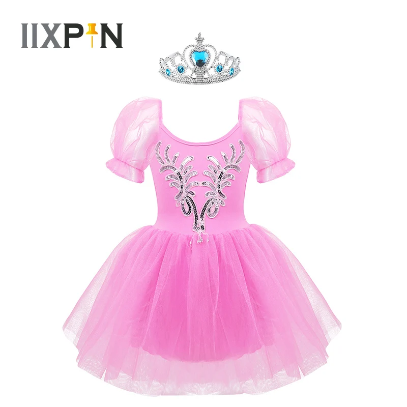 

IIXPIN Girls Ballet Dress Dancewear Ballet Tutu Short Puff Sleeves Sequins Applique Mesh Tutu Dress Ballet Dance Costume Kids