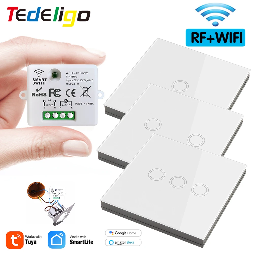 Tuya Mini Interruptor de Luz Inteligente, Painel de Parede Sem Fio, Interruptor de Toque, WiFi, 433MHz, 220V, Relé 10A, Funciona com Alexa, Google