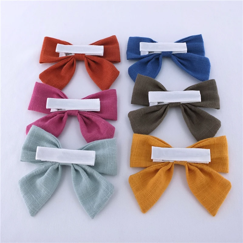 2 PCS Fully Wrapped Hair Clips Sailor Bows Baby Girls Cotton Linen Hair Bows Barrettes Toddler Kids Hairbow Hairgrips Headwear