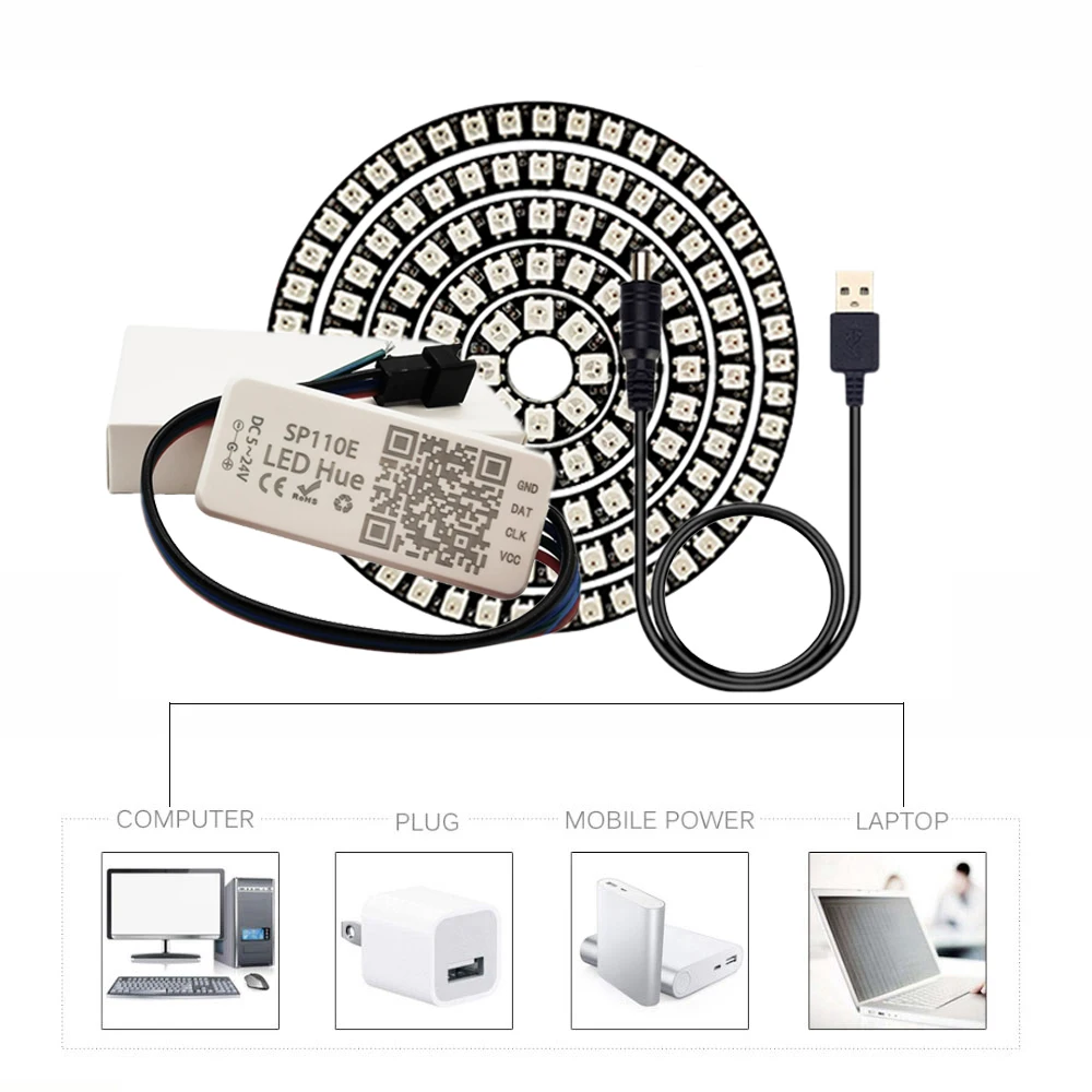 WS2812 Led Ring Individueel Adresseerbare Pixel 5050 Rgb WS2812B Ic Bult-In Module Met SP110E Bluetooth Usb Controller DC5V