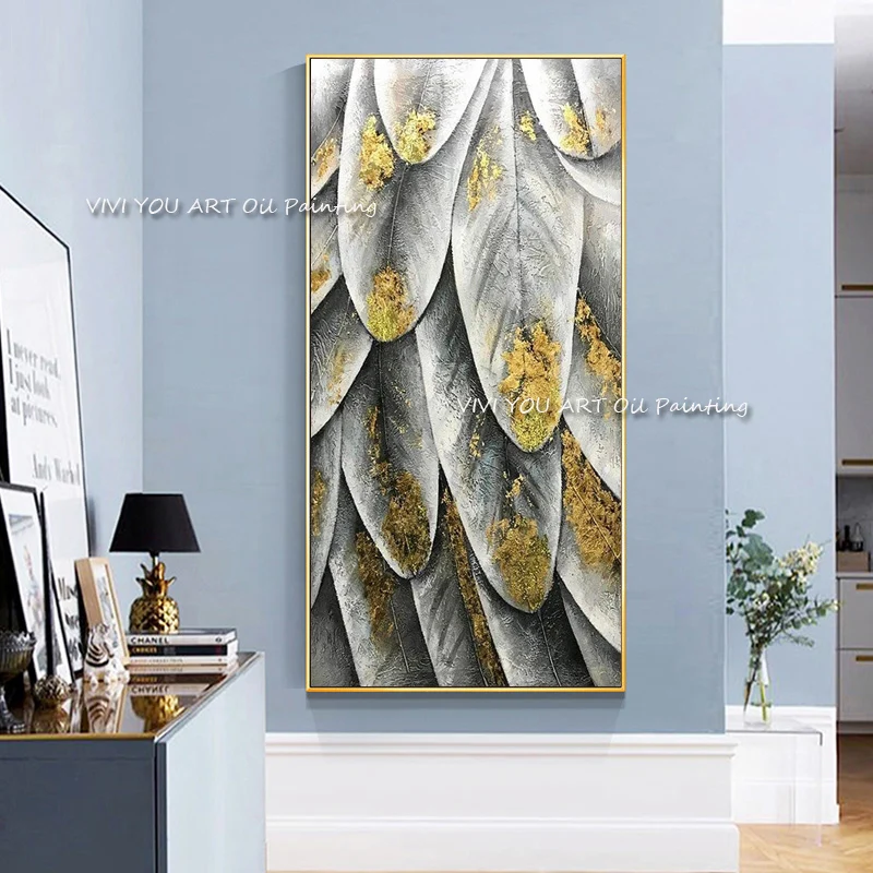Hand Painted Silver Gold Feather Wall Art, Thick Impasto Gold Foil Texture, Vertical Abstract Canvas for Luxury Foyer Decor
