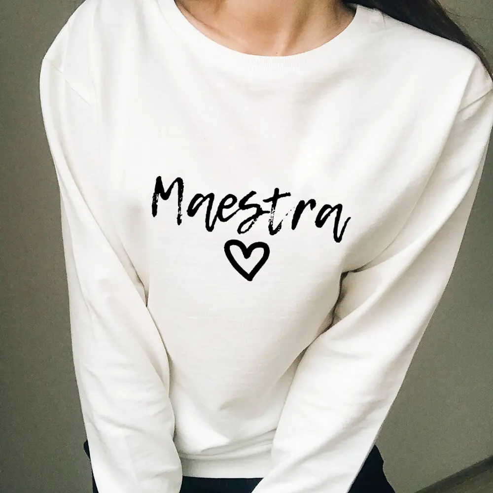 Maestra Heart Print 100%Cotton Spanish Teacher Sweatshirts Women\'s Funny Casual O-Neck Feminist Long Sleeve Tops Teacher Gift