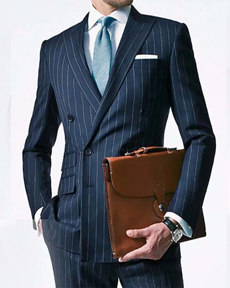 

Stripe Blazer Trousers Men Suits Custom Made Navy Blue Male Striped Suit Tailored Double Breasted Man Suits With Ticket Pocket