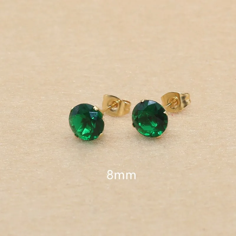 8mm AAA Round Colorful Green Zircons Stud Earrings With Stianless Steel Needle Brief Jewelry 20 Colors For Choose No Allergy