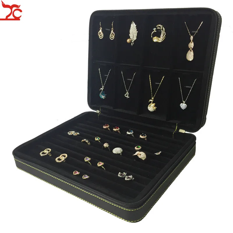 Large Black Ring Slot Bar Jewelry Display Case Zipper Leather Stud Cufflink Exhibition Organzier Storage Travel Tray Box