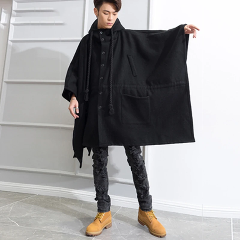 M-4XL cloak jacket men's autumn and winter woolen sleeveless shawl boys black cloak hooded single-breasted coat England