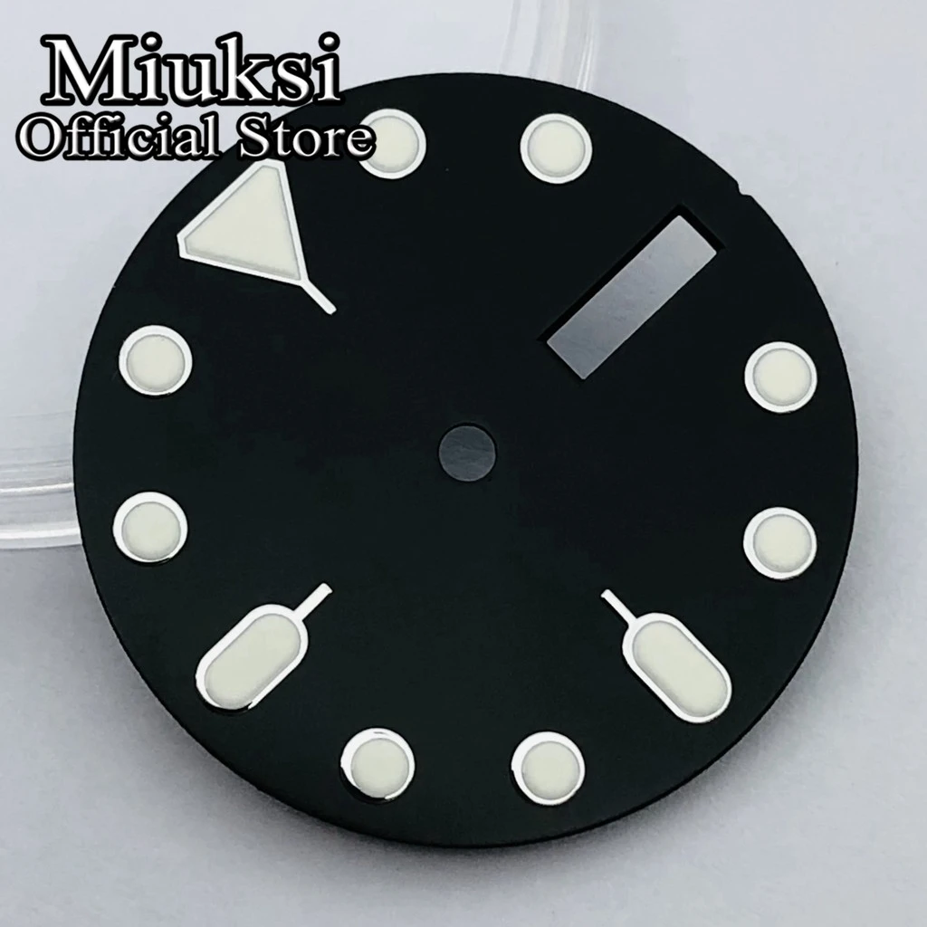 Miuksi 28.5mm black blue green brown watch dial C3 luminous dial fit NH36 movement fit 3 o\'clock crown 3.8 o\'clock crown