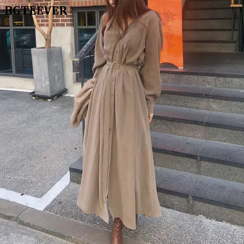 V-neck long dress with belt for women BGTEEVER