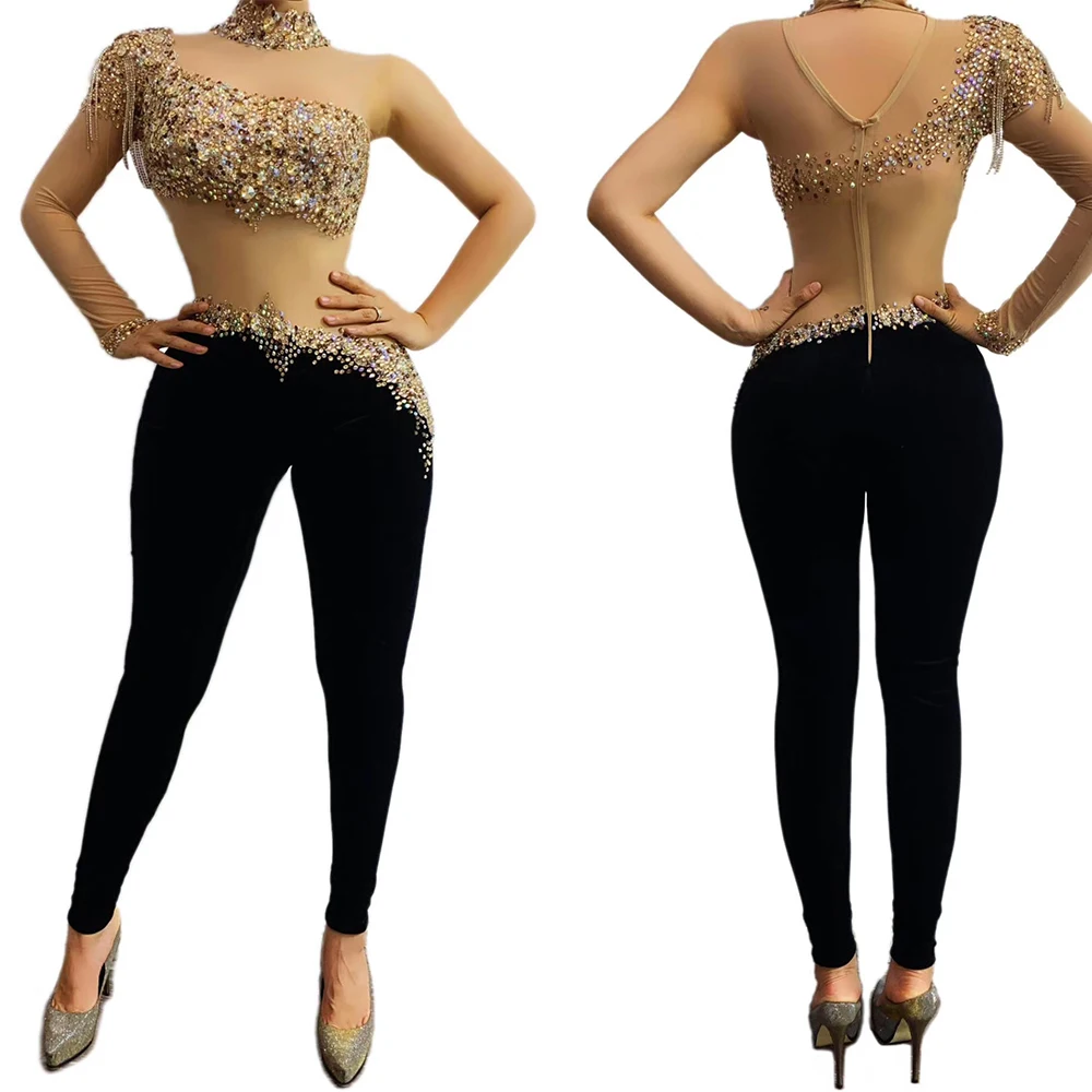 

Sparkly Women Embellished Diamonds Beaded Tight Stretch Nude Black Jumpsuits Nightclub Queen Costumes