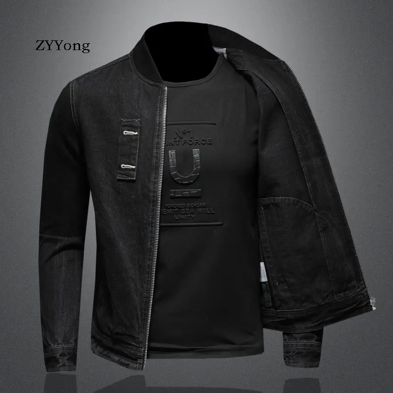 Retro European Style Stand Collar Bomber Pilot Black Denim Jacket Men Jeans Coats Motorcycle Casual Outwear Clothing Overcoat