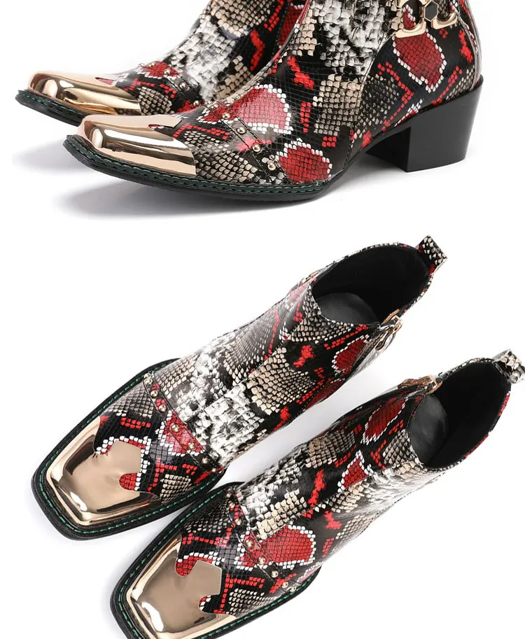 Men's Cowhide Serpentine Print Metal Decor Pointed Toe Belt High‑Heel Short Boots Western Cowboy Boots For Stage Show Party