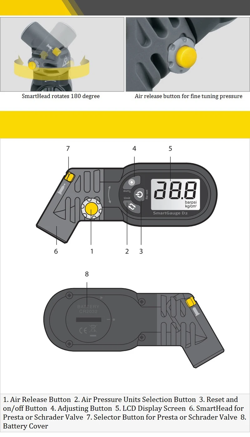 Topeak-Digital bicicleta pneu medidor de pressão de ar, LCD eletrônico girando cabeça inteligente, 250 PSI, TSG-02