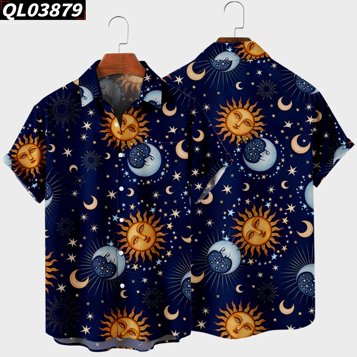 2022 Summer Fashion Hawaii Beach Short Sleeve Casual Shirts Men\'s Moon And Sun Print Blouse Clothing