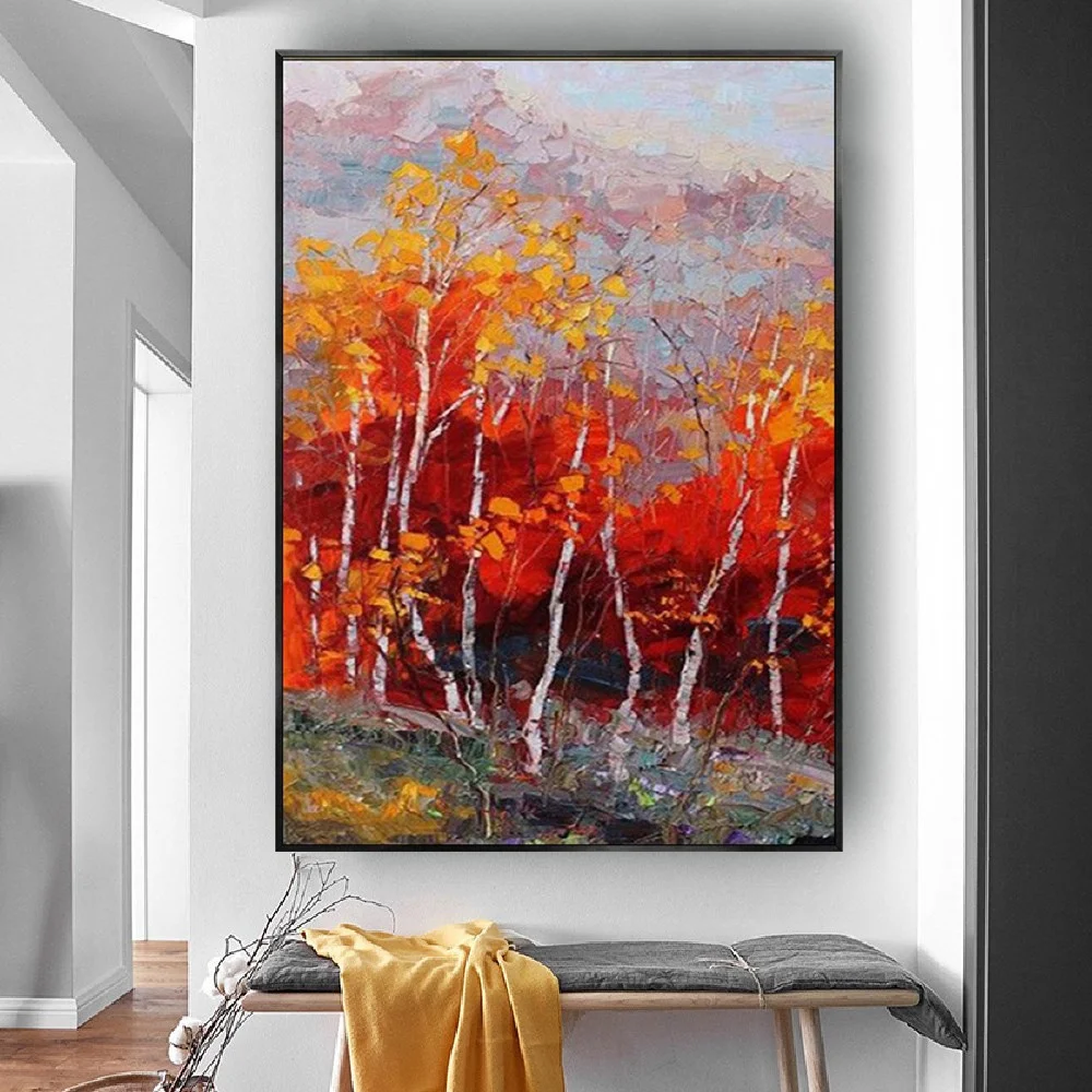 Palette Knife Maple Tree Fire Red Forest Landscape Hand Painted Oil Painting On Canvas Abstract Knife Wall Art Nordic Home Decor