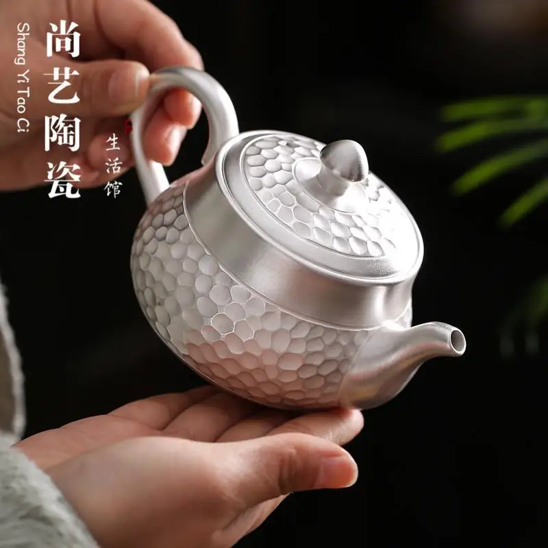 Hand hammer S999 sterling silver teapot filter ceramic kung fu tea set single pot silver plated teapot household