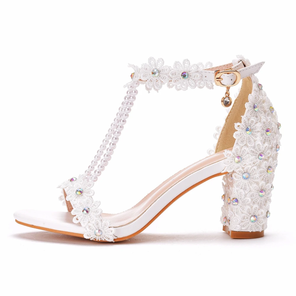 Crystal Queen Elegant High Heels 7cm Women's Banquet Sandals Platform Toe Wedding Shoes White Lace Party Dress Pumps