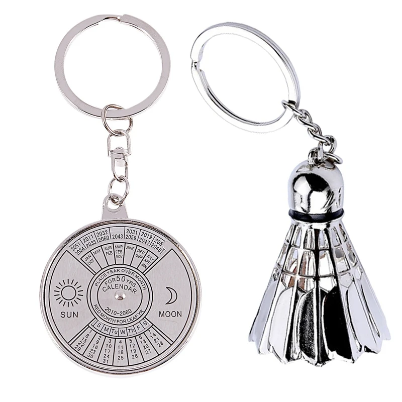 1Pcs Metal Badminton Key Chain Tournament Souvenir Key Chain & 1Pcs Perpetual Calendar Keyring Keychain Unique Metal Key Chain R