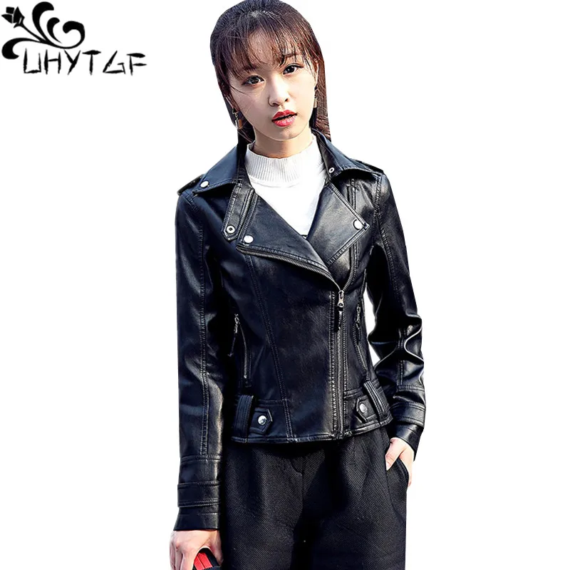 

UHYTGF luxury PU leather Spring autumn leather jacket women fashion black slim elegant short biker coat chaqueta cuero mujer 828