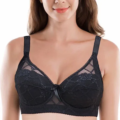 Kobiety Push Up Black Lingerei Sexy Bra Underwire Thin Cotton Padded Lace Sheer Minimizer Bra Big Bust 80-115 B C D Cup Bra C3306