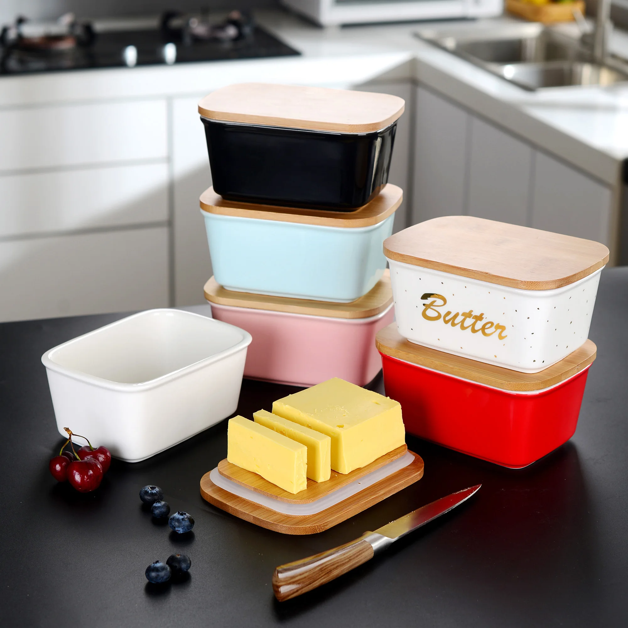 LOVECASA 500ML Nordic Porcelain Sealing Butter Box Ceramic French Butter Dish Cheese Storage Container with Wooden Bamboo Lid