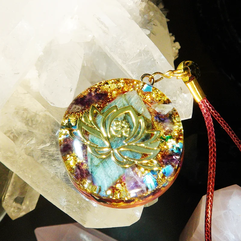 CUSTOM Handpolished Labradorite Amethyst Lotus SBB-coil Orgonite Pendant Orgone Generator Necklace EMF Protection 5g