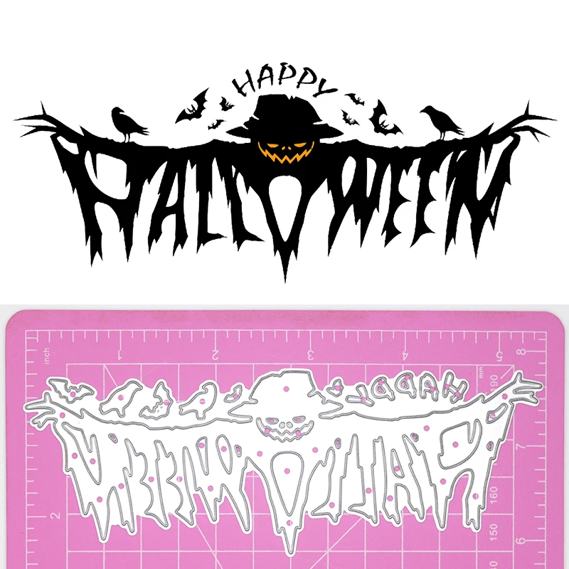 Horror Scarecrow Crow Bat Happy Halloween Text Metal Cutting Dies