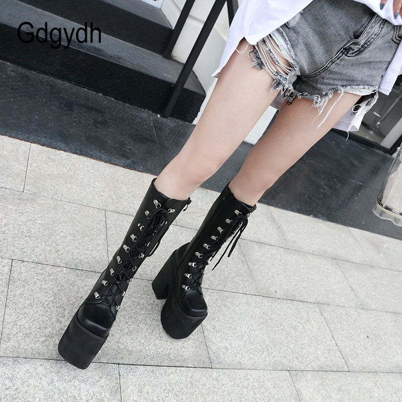 Gdgydh Large Size 43 Thick Platform Extreme High Heels Cool Motorcycles Boots Punk Style Shoelaces Knee High Boots Winter