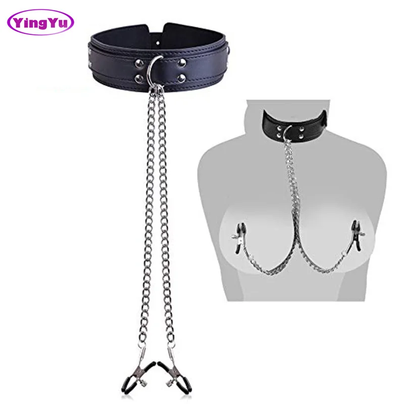 Faux Leather Choker Collar With Nipple Breast Clamp Clip Chain Couple SM Sex Toys For Woman Sex Tools For Couples Adult Games