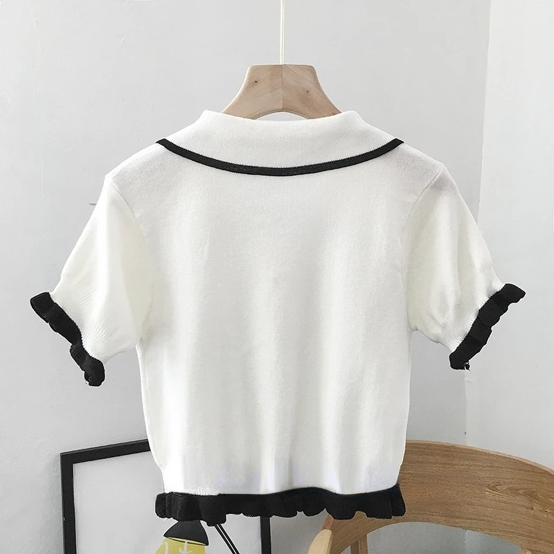 Short Sleeve Shirts Women Summer Ruffles College Knitted Ulzzang Design Crop Tops Leisure All-match Stylish Holiday New Arrival