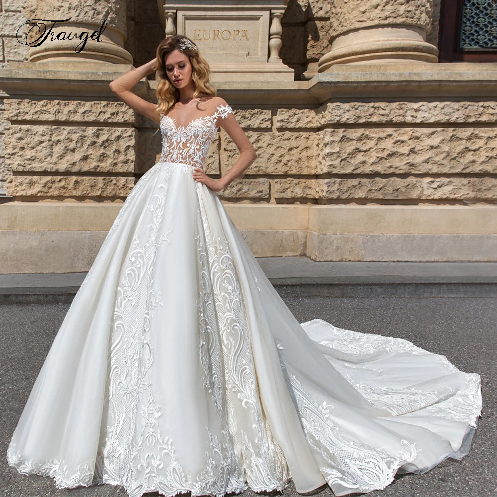 Traugel Vestidos De Novia Sexy Backless Lace Wedding Dresses Elegant Applique Beaded Short Sleeve Chapel Train Bridal Gown