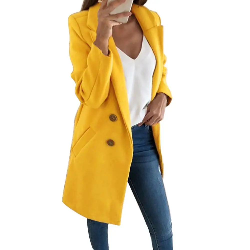 Fashion Women Jacket Autumn Winter Solid Color Lapel Overcoat Buttons Pockets Open Stitch Top Long Warm Keeping Coat Outerwear