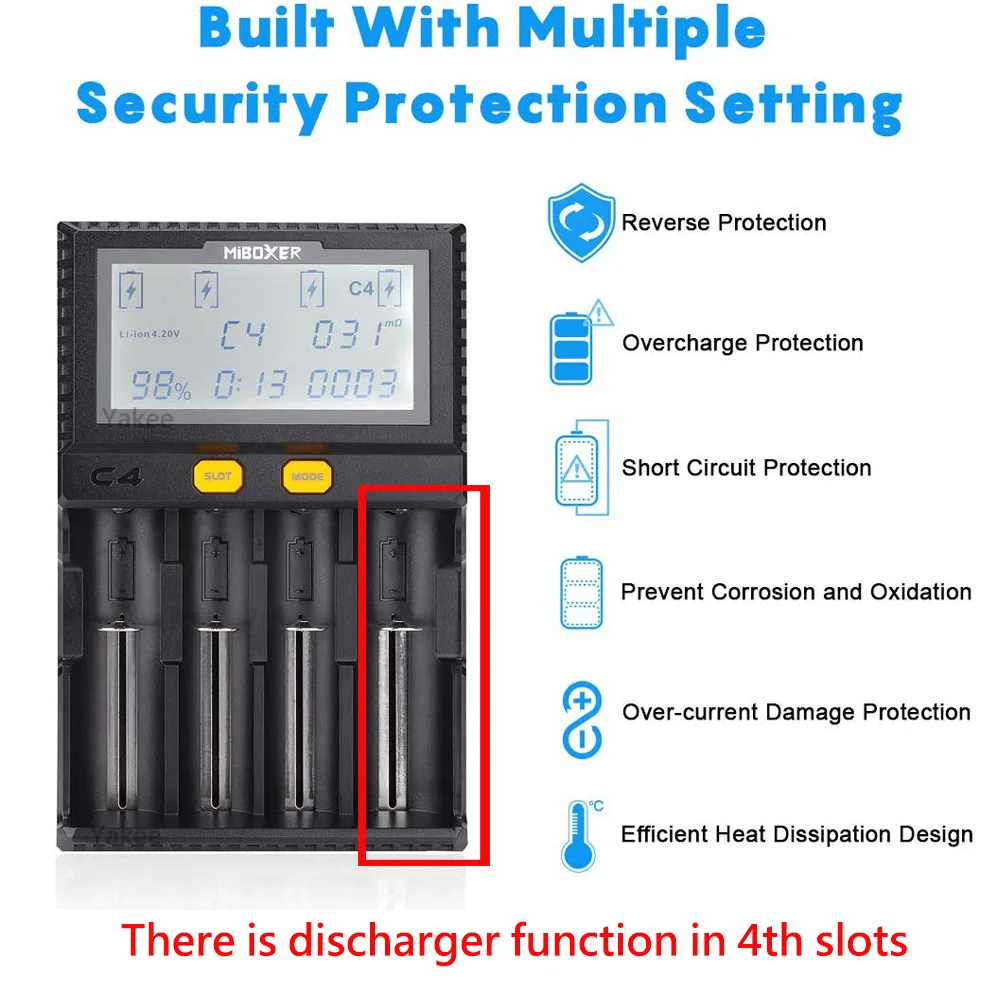 Miboxer C4  V4 LCD Smart Battery Charger for Li-ion IMR ICR LiFePO4 18650 14500 26650 21700 AAA 100 800mAh 1.5A discharge C8