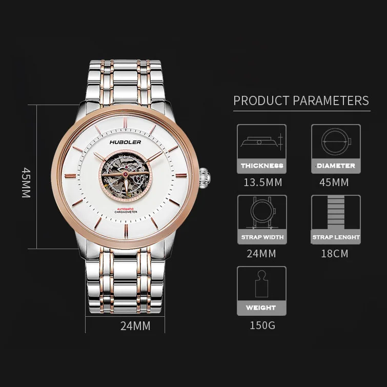 HANBORO Men Automatic Watch Luxury Mens orologi Fashion Self Wind orologio da polso meccanico quadrante scheletro in acciaio inossidabile