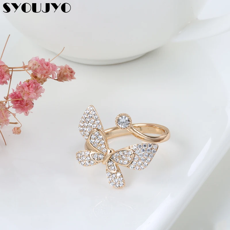 Romantic Twinkle Cute Bow Women's Ring Luxury 585 Rose Gold Color Butterfly Cocktail Ring Trend Natural Zircon Pave Setting