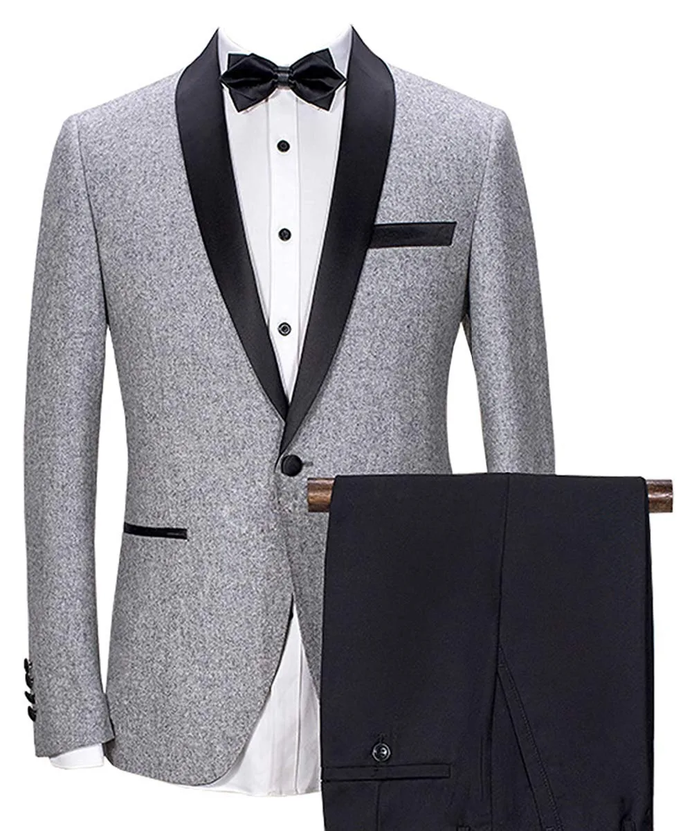 

Men Suit 2 Pieces Shawl Lapel Mens Suit Sets Wool / Tweed Tuxedos Bridegroom One Button 2018 New For Wedding (Blazer +Pants)