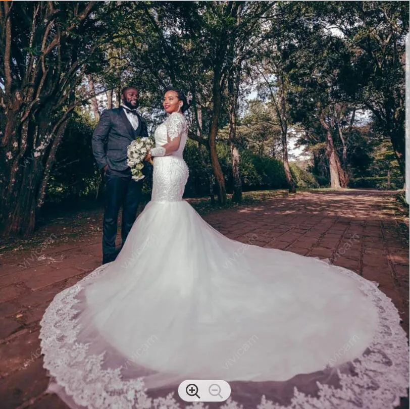 Vestidos de novia de sirena africana, gran oferta, personalizados, Apliques de encaje, tren capilla, Vestido Noiva, vestidos de novia de manga larga