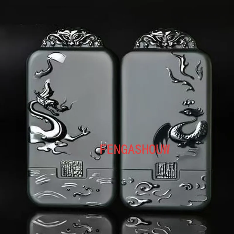 

Natural Hetian Jade Cyan Double-sided Engraving Dragon and Phoenix Pair Pendant Charm Jewellery for Women Men Fashion Accessies