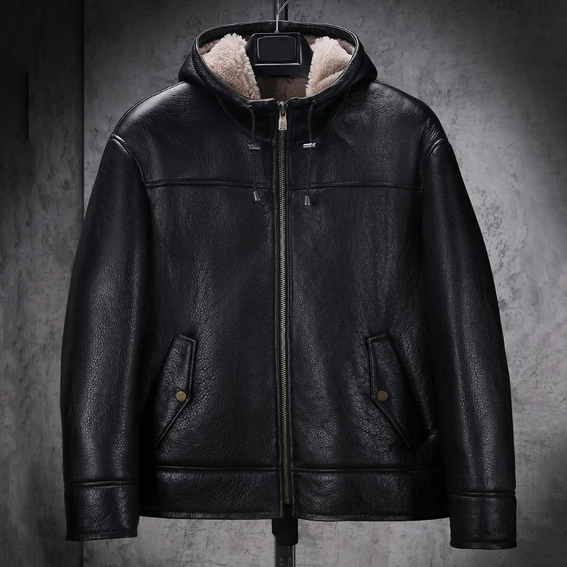 Denny&Dora New Mens Black Shearling Jacket Short Motorcycle Jacket Thicken Fur Coat Hooded Leather Jacket Sheepskin Coat