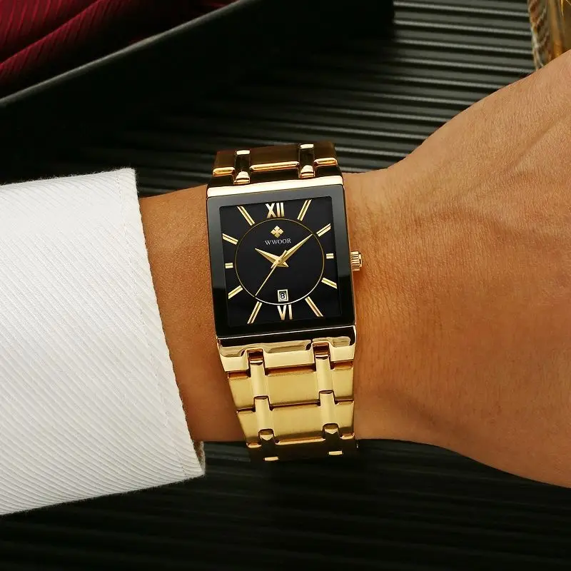 WWOOR-reloj cuadrado de acero inoxidable para hombre, pulsera de cuarzo resistente al agua, de lujo, color dorado y negro, 2024