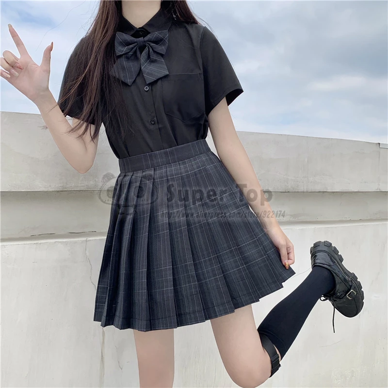 Girls Black Carbon Gray JK Uniform Genuine Black Pleated Skirt Short Skirt Suit Full Set Summer Autumn Girls\' School Uniforms