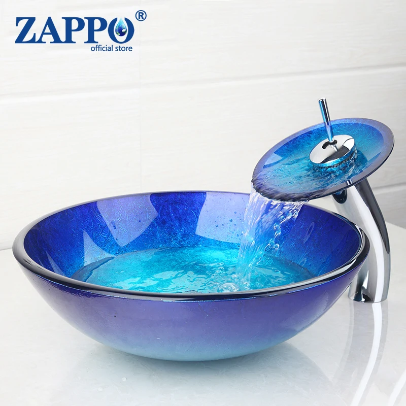 ZAPPO Bule Tempered Glass Bathroom Vessel Sink Bowl Sink for Bathroom with Faucet Tap Combo Deck Mounted Basin Sinks