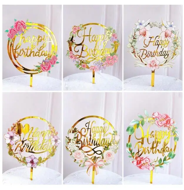 

Cake Topper Light Flower Happy Birthday Cake Inserted Card Acrylic Elegant Font Birthday Party Baking Decoration Supplies