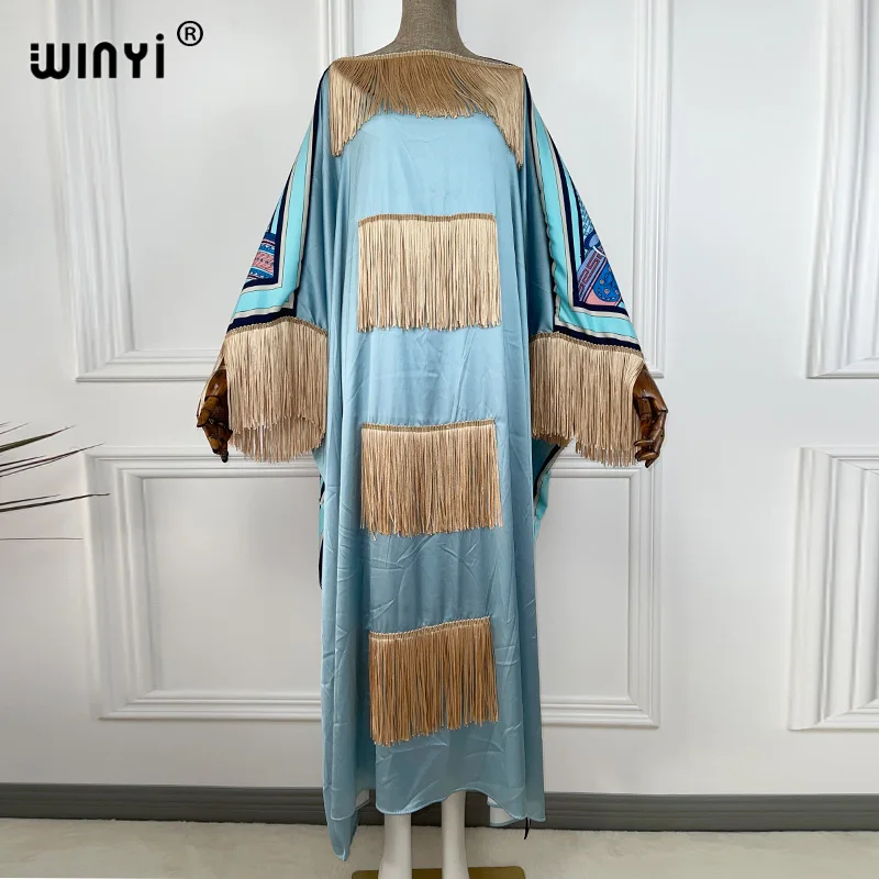 2021 WINYI abito boho africano colore matchi stampa boemia sciolto elegante musulmano Abaya Bazin Robe abiti Broder Riche nappe