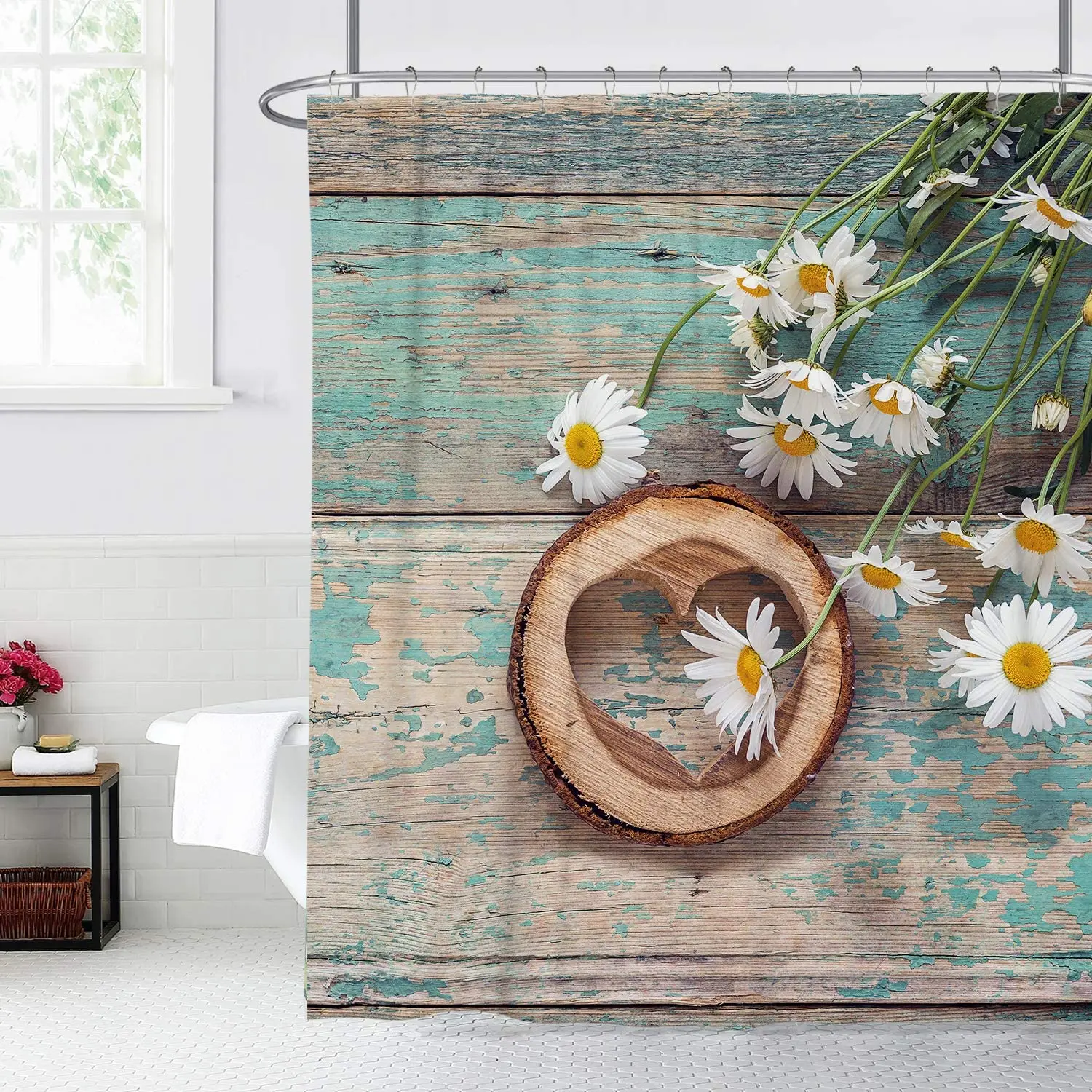 Farmhouse Chrysanthemum Retro Rusted Wood, Waterproof Polyester Fabric Shower Curtain, Can Decorate The Bathroom