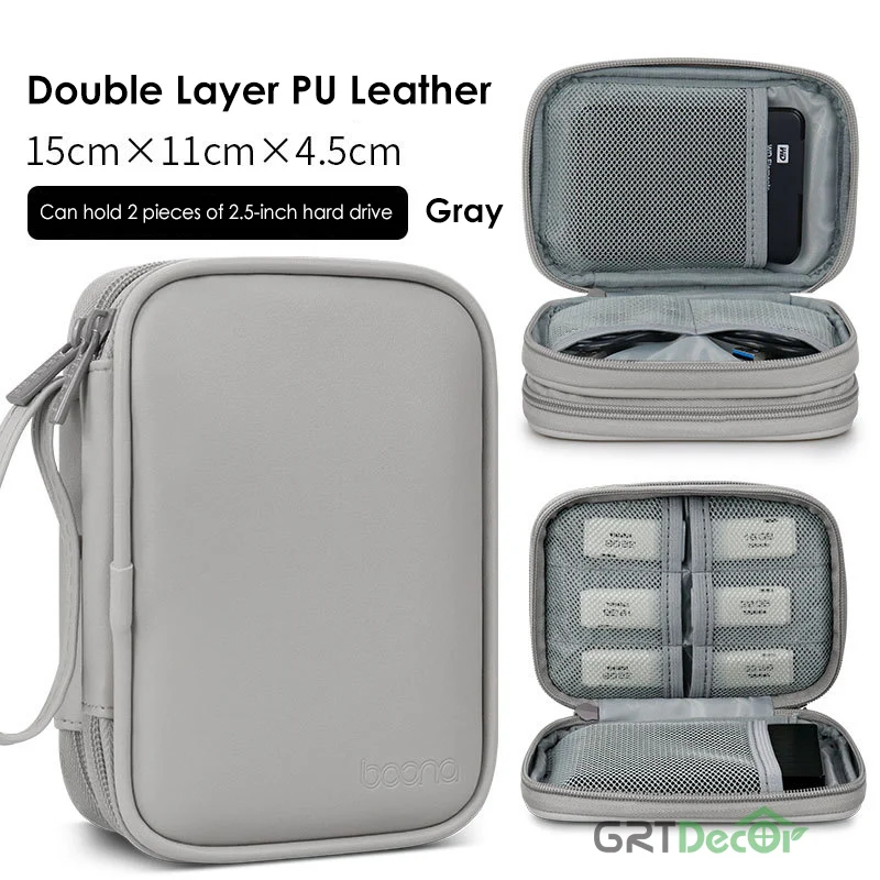 2023 Portable PU Mobile HDD Storage Bags Digital Accessories Organizer Double Layer Waterpfoof Small Storage Pouch Charger Bags