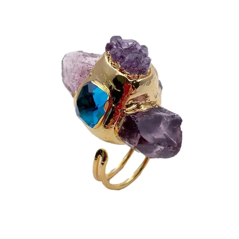 KKGEM  23x40mm Natural Purple Amethyst Point Druzy Rough Blue Crystal Ring Gold Plated Adjustable Gems Ring