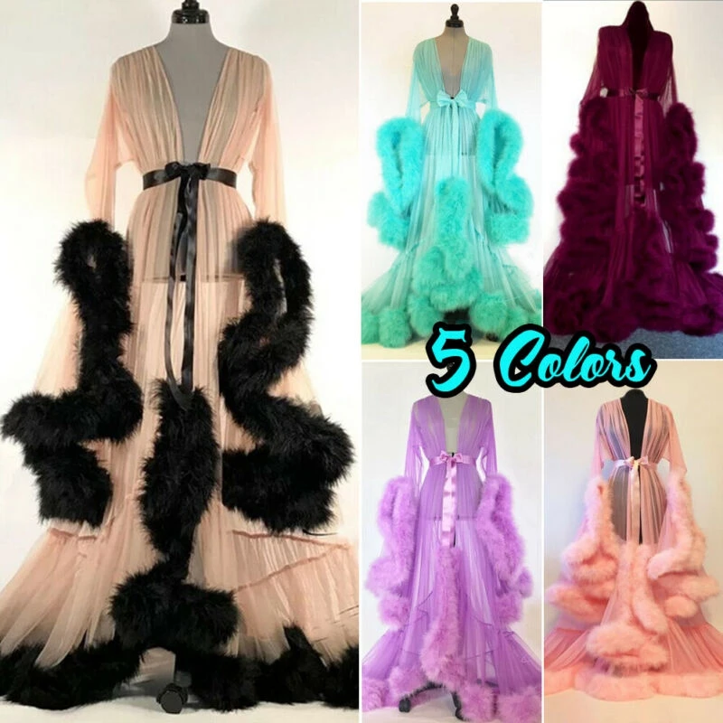 

5 Colors Sexy Lingerie Women Lace Kimono Robe Dress Tassel Babydoll Feathers Nightdress Nightgown Sleepwear Elegant Home Clothes