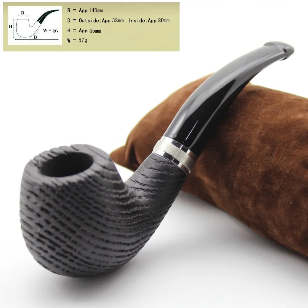 Vintage Natural Bog Oak Wood Tobacco Smoking Pipe Handmade Sandblast Wooden Bowl Silver Plated Ring Pipes Set With 9mm Filters