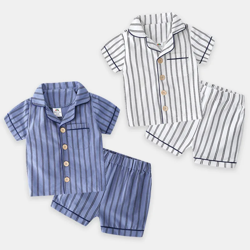 

2023 Hot Summer 2 3 4 6 8 10 Years Short Sleeve Sleepwear Shirt+Shorts 2 Pieces Tracksuit For Kids Baby Boys Striped Pajamas Set